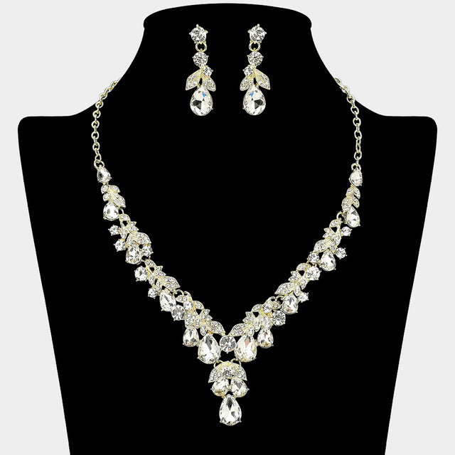 Madeline Love Clear, Gold Teardrop Stone Cluster Embellished Rhinestone Necklace - Jewelry
