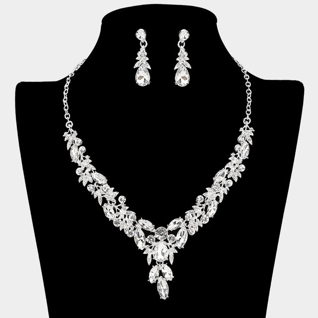 Madeline Love Clear, Silver Teardrop Marquise Rhinestone Cluster Embellished Cascading Necklace - Jewelry
