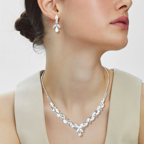 Teardrop Marquise Stone Cluster Embellished Rhinestone Paved Necklace - Clear, Silver
