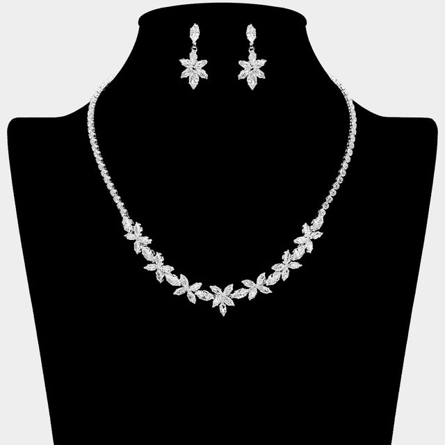 Madeline Love Clear, Silver Marquise Floral CZ Stone Cluster Link Rhinestone Paved Necklace - Jewelry
