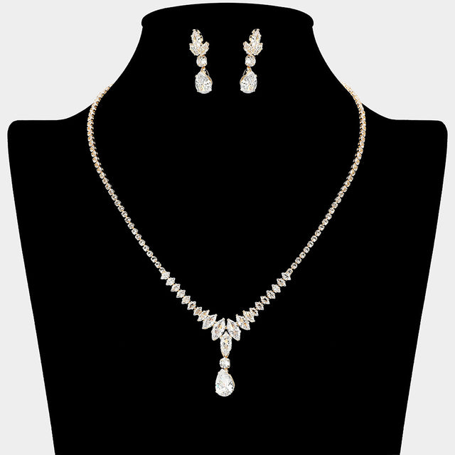Madeline Love Clear, Gold Teardrop Drop Marquise CZ Stone Cluster Link Rhinestone Paved Necklace