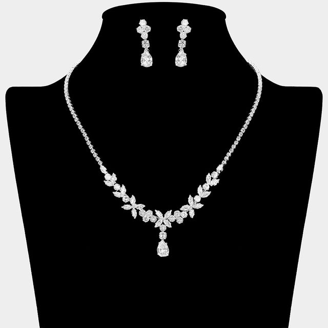 Madeline Love Clear, Silver Teardrop Marquise Floral CZ Stone Link Rhinestone Paved Necklace - Jewelry