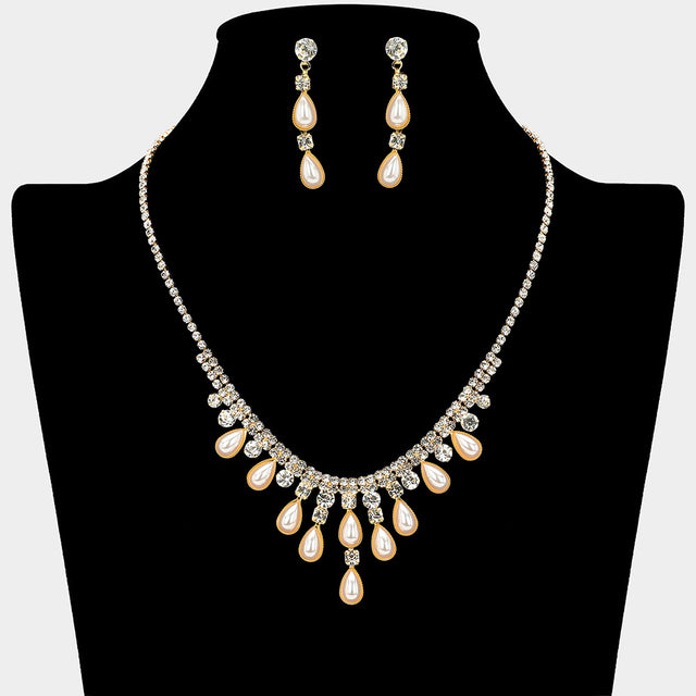 Madeline Love Cream, Gold Teardrop Pearl Embellished Square Rhinestone Paved Necklace - Jewelry