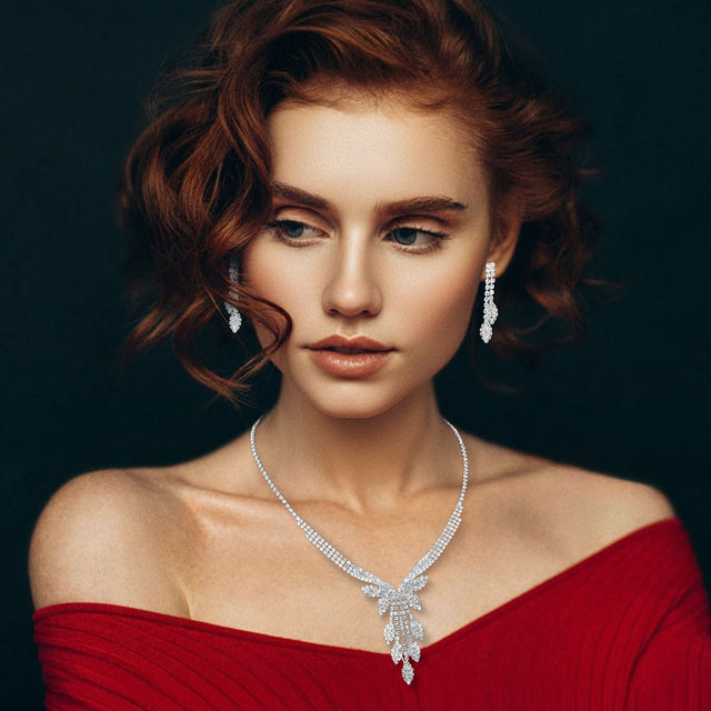 Madeline Love Clear, Silver Rhinestone Paved Marquise Leaf Drop Necklace - Jewelry