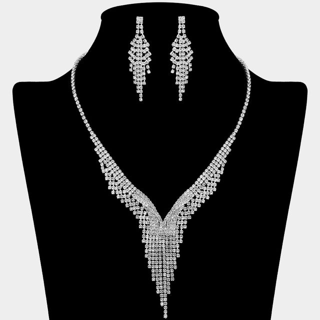 Madeline Love Clear, Silver Rhinestone Paved Waterfall Fringe V Shaped Necklace - Jewelry
