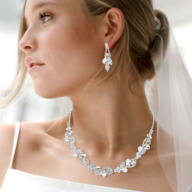 Madeline Love Clear, Silver Teardrop Cluster Rhinestone Paved Leaf Necklace - Jewelry
