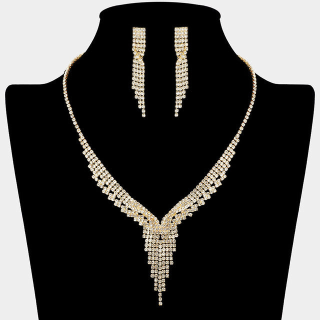 Madeline Love Clear, Gold Rhinestone Paved Fringe Accent V Shaped Necklace - Jewelry
