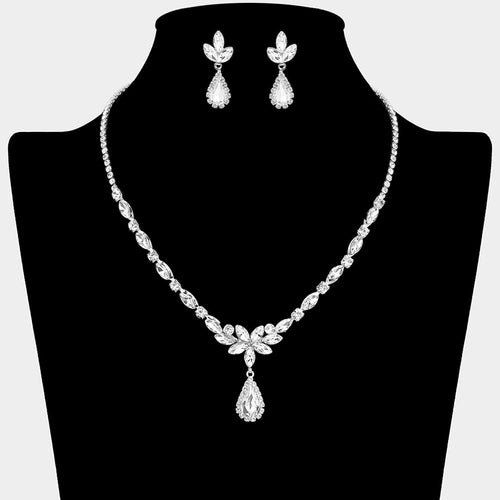 Teardrop Stone Cluster Pendant Accent Marquise Floral Rhinestone Paved Necklace - Clear, Silver