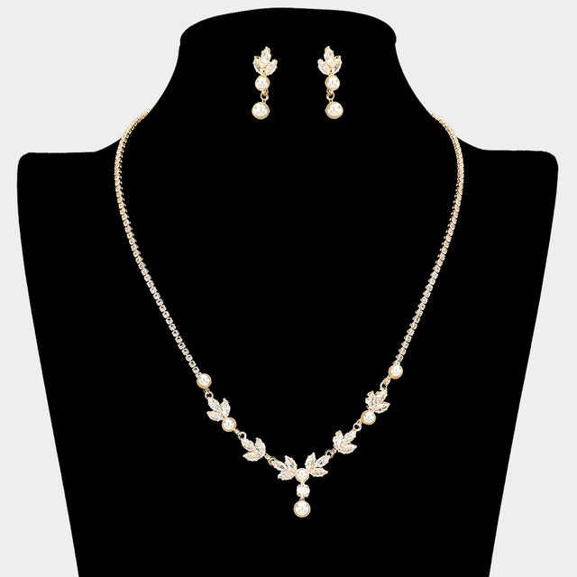 Madeline Love Cream, Gold Elegant Marquise CZ Stone Cluster Pearl Accent Rhinestone Paved Necklace - Jewelry