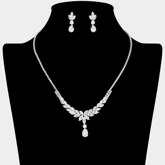 Madeline Love Clear, Silver Marquise CZ Stone Cluster Leaf Motif Necklace - Jewelry