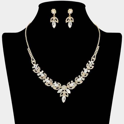 Marquise Stone Cluster Leaf Drop Rhinestone Paved Necklace - Clear, Gold