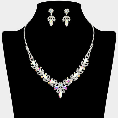 Marquise Stone Cluster Leaf Drop Rhinestone Paved Necklace - AB, Silver