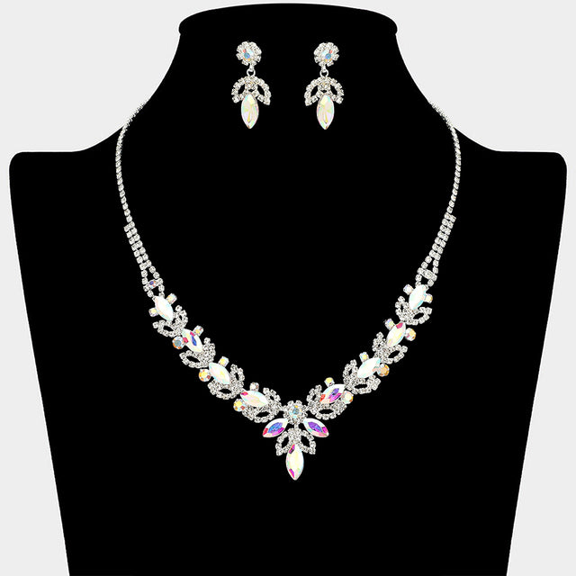 Madeline Love AB, Silver Marquise Stone Cluster Leaf Drop Rhinestone Paved Necklace - Jewelry