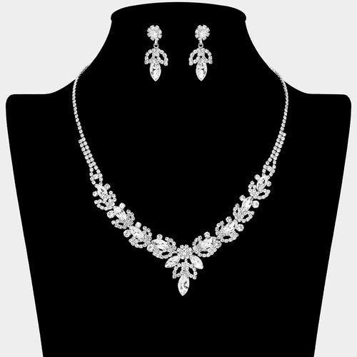Marquise Stone Cluster Leaf Drop Rhinestone Paved Necklace - Clear, Silver