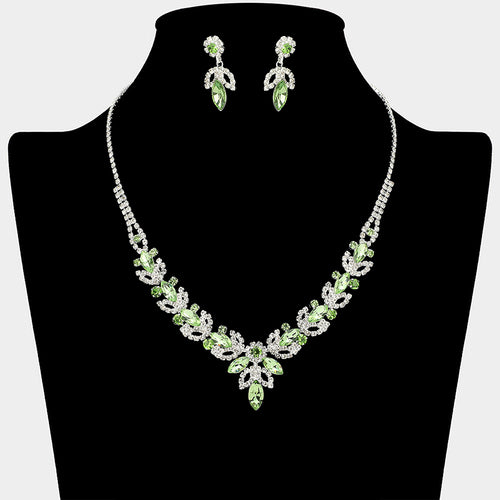 Marquise Stone Cluster Leaf Drop Rhinestone Paved Necklace - Green, Light, Silver