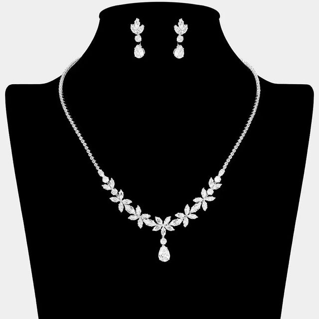 Madeline Love Clear, Silver Teardrop CZ Stone Cluster Drop Floral Necklace - Jewelry