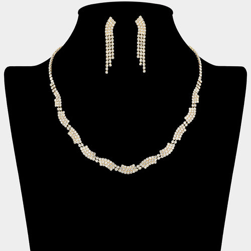 Rhinestone Paved Wave Link Necklace - Clear, Gold