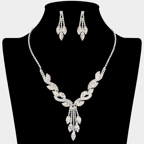 Rhinestone Paved Ornate Drop Necklace - AB, Silver