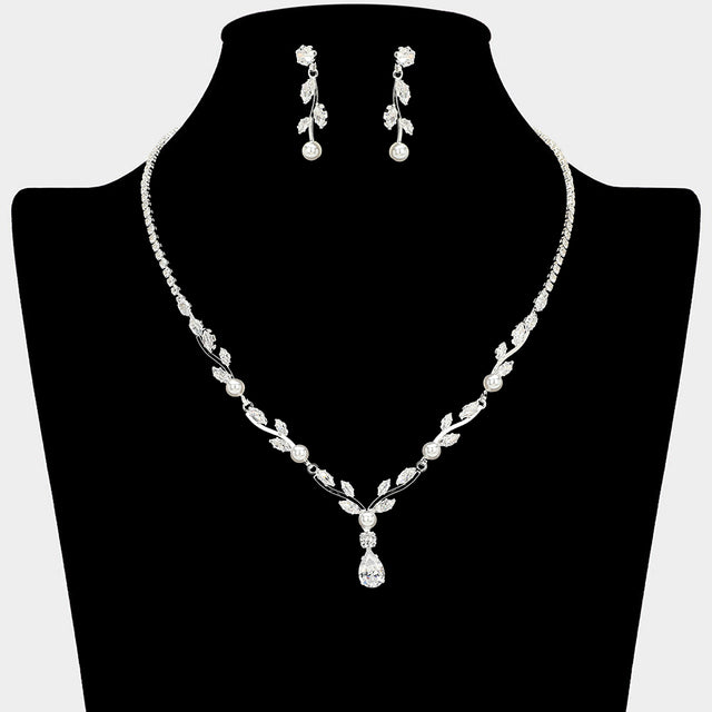 Madeline Love Clear, Silver Pearl Bezel Marquise CZ Stone Cluster Link Vine Necklace - Jewelry