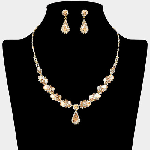 Teardrop Stone Pendant Accent Marquise Flower Stone Cluster Embellished Necklace - Gold, Lt Col Topaz