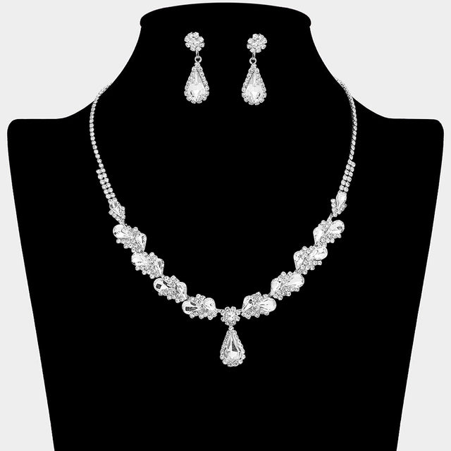 Madeline Love Clear, Silver Teardrop Stone Pendant Accent Marquise Flower Stone Cluster Embellished Necklace - Jewelry