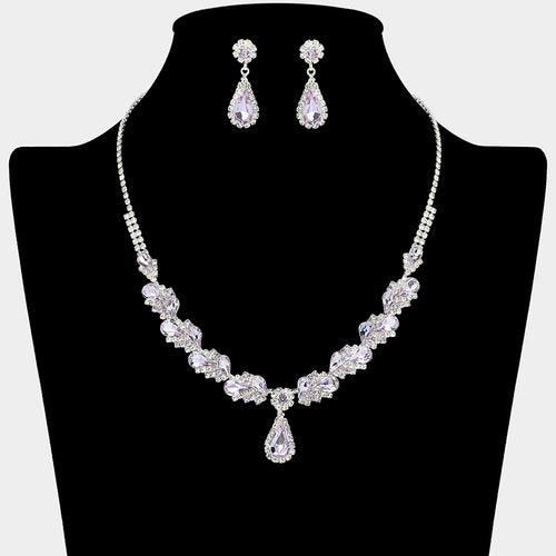 Teardrop Stone Pendant Accent Marquise Flower Stone Cluster Embellished Necklace - Amethyst , Silver