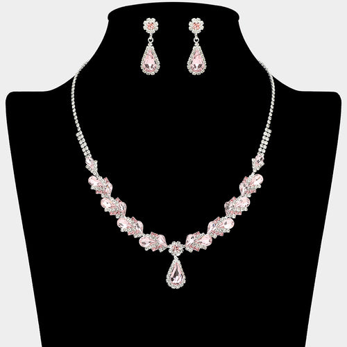 Teardrop Stone Pendant Accent Marquise Flower Stone Cluster Embellished Necklace - Light, Rose, Silver