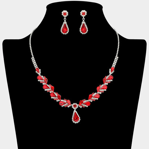 Teardrop Stone Pendant Accent Marquise Flower Stone Cluster Embellished Necklace - Red, Silver