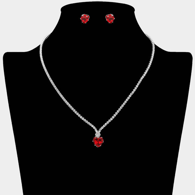 Madeline Love Red, Silver CZ Heart Stone Cluster Pendant Accent RHinestone Pave Necklace - Jewelry