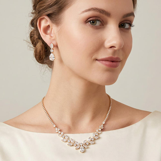 Madeline Love Clear, Gold Marquise Teardrop CZ Stone Cluster Embellished Rhinestone Paved Necklace