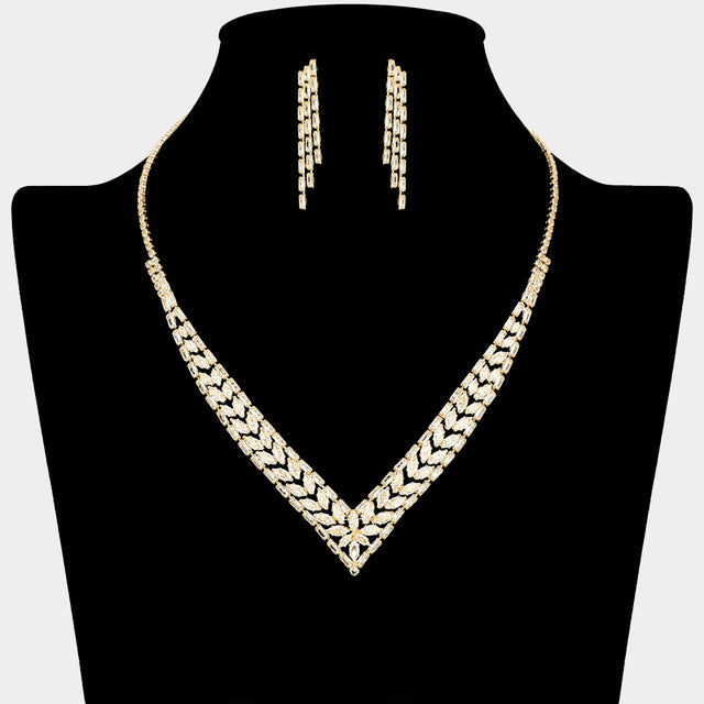 Madeline Love Clear, Gold Marquise CZ Stone Cluster Embellished Rhinestone V Shaped Necklace