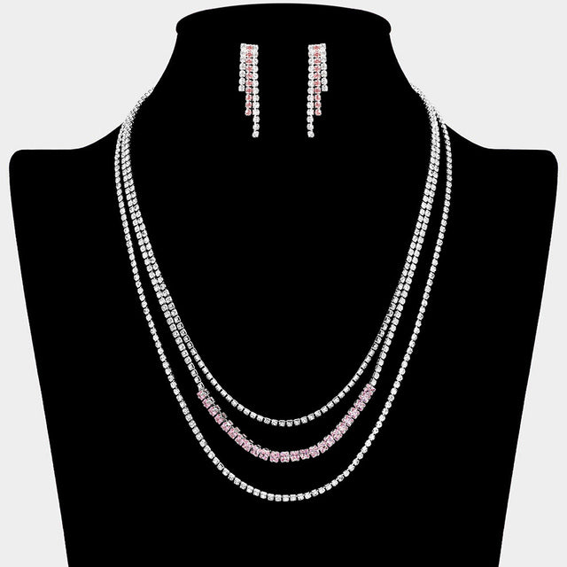Madeline Love Pink, Silver CZ Square Stone Detailed Triple Layered Necklace - Jewelry