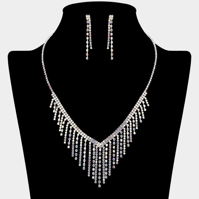 Madeline Love AB, Silver Cascading Fringe Rhinestone Necklace - Jewelry