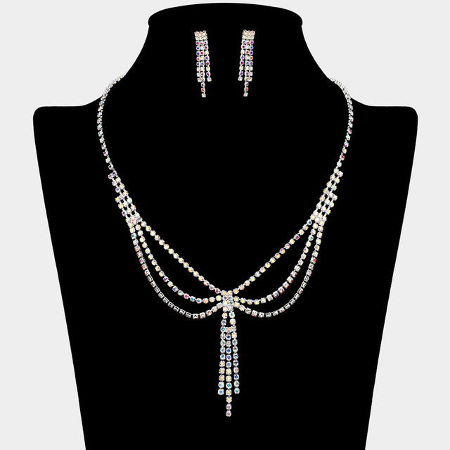 Madeline Love AB, Silver Layered Draped Rhinestone Tassel Necklace - Jewelry