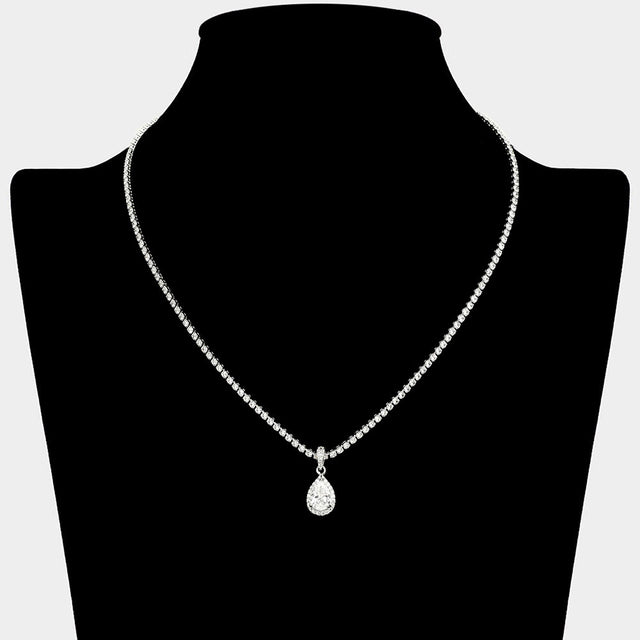 Madeline Love Clear, Silver Teardrop CZ Stone Pendant Rhinestone Paved Necklace - Hair Accessories