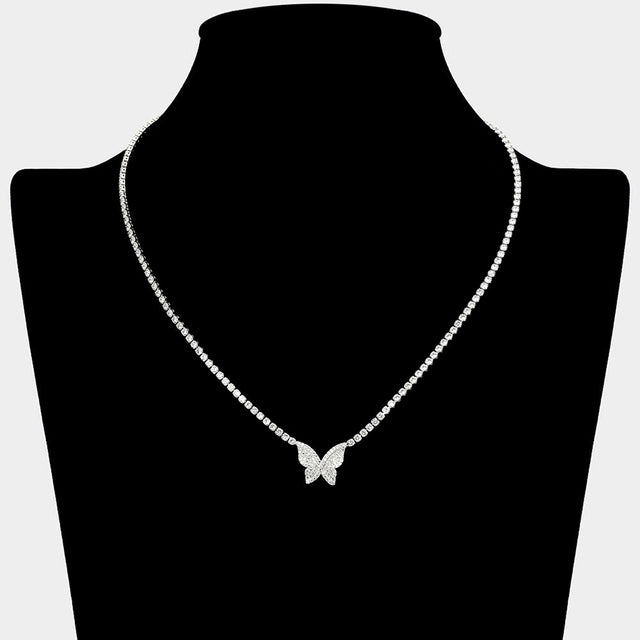 Madeline Love Clear, Silver Dainty Butterfly CZ Stone Pendant Accent Rhinestone Paved Necklace - Hair Accessories