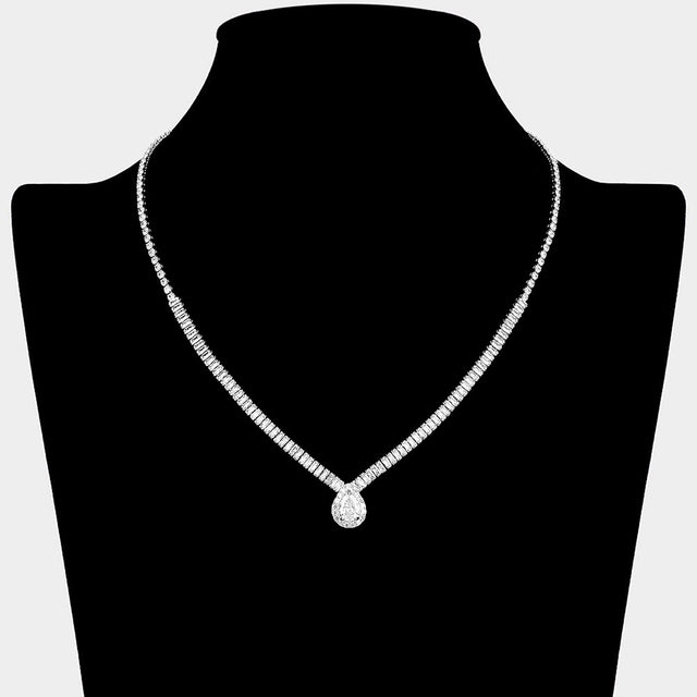 Madeline Love Clear, Silver Teardrop CZ Stone Pendant Accent Baguette Stone Cluster Rhinestone Paved Necklace - Jewelry