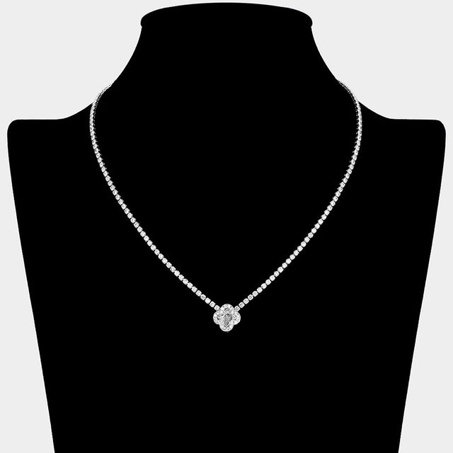 Madeline Love Clear, Silver Quatrefoil CZ Stone Pendant Accent Rhinestone Paved Necklace - Hair Accessories