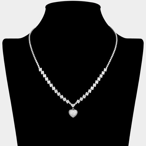 CZ Stone Paved Heart Pendant Accent Quatrefoil Link Chain Rhinestone Paved Necklace - Clear, Silver