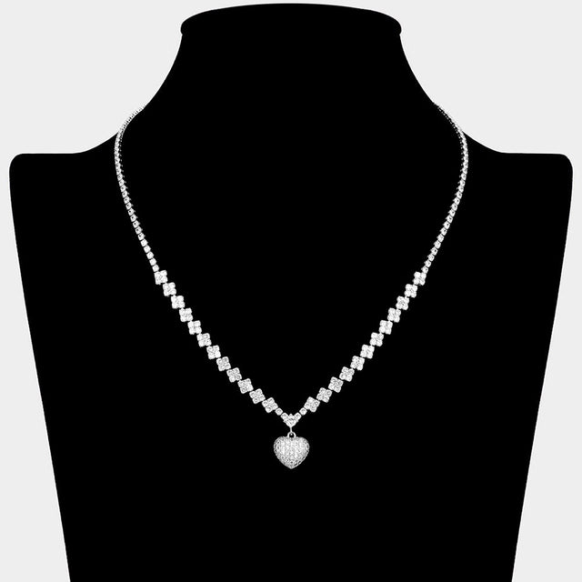 Madeline Love Clear, Silver CZ Stone Paved Heart Pendant Accent Quatrefoil Link Chain Rhinestone Paved Necklace - Jewelry
