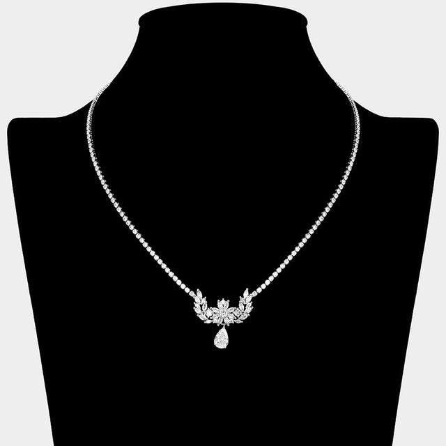 Madeline Love Clear, Silver Floral Laurel CZ Stone Cluster Accent Teardrop Cluster Dangle Rhinestone Paved Necklace - Jewelry