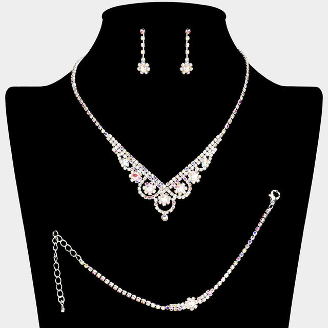 Madeline Love AB, Silver CZ Flower Pointed Rhinestone Paved Necklace Jewelry Set