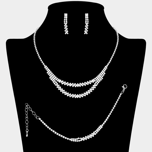 Madeline Love Clear, Silver Rhinestone Paved Double Layered Chain Jewelry Set