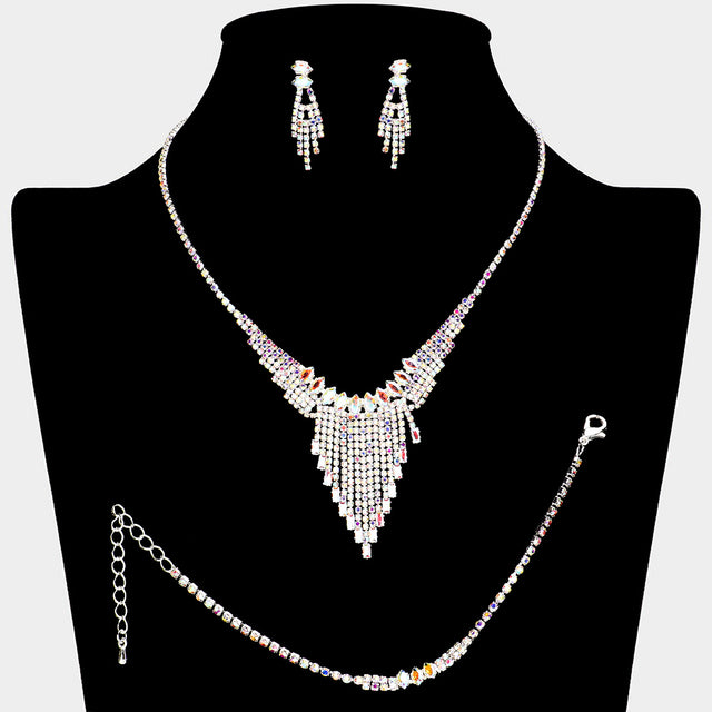 Madeline Love AB, Silver Marquise CZ Stone Pointed Rhinestone Paved Fringe Necklace - Jewelry