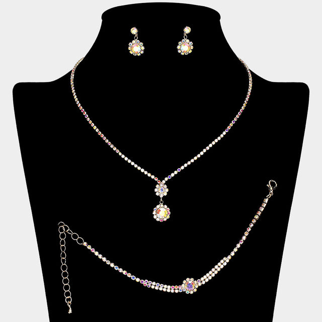 Madeline Love AB, Clear, Gold Round Stone Pendant Accented Rhinestone Paved Jewelry Set