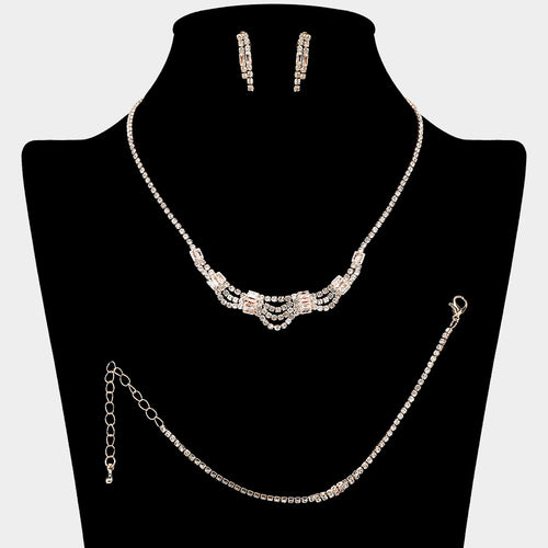 CZ Baguette Stone Tube Pointed Rhinestone Paved Jewelry Set - Clear, Gold