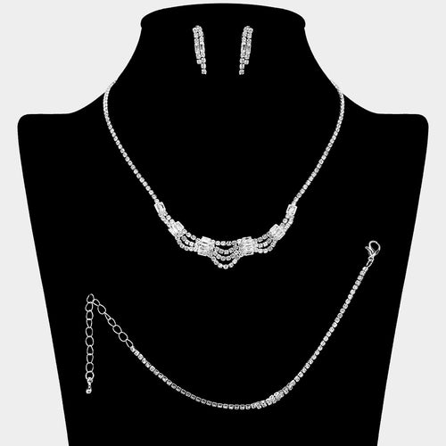 CZ Baguette Stone Tube Pointed Rhinestone Paved Jewelry Set - Clear, Silver