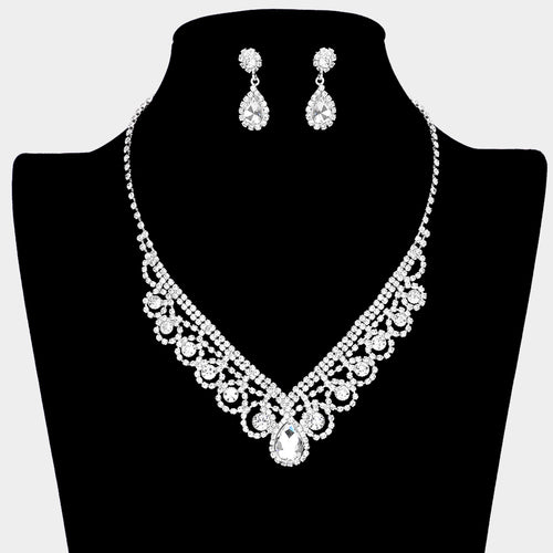 Bubble Crystal Cluster Teardrop Centered Necklace - Silver