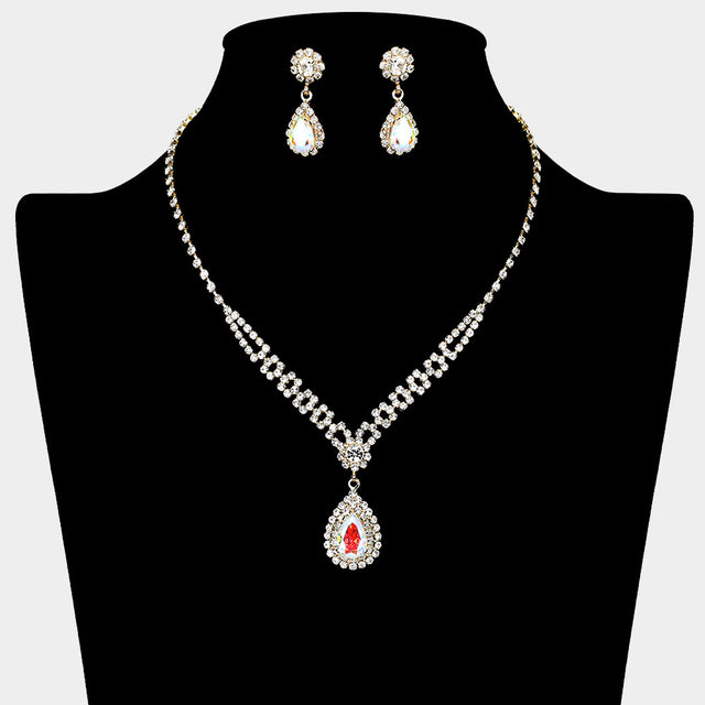 Madeline Love AB, Gold Teardrop CZ Stone Pendant Accented Rhinestone Paved Necklace - Jewelry