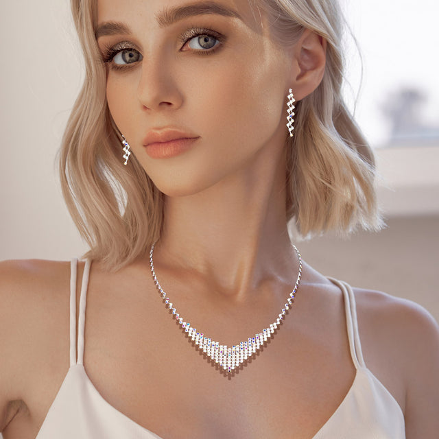 Madeline Love AB, Silver V Shaped Rhinestone Paved Necklace - Jewelry